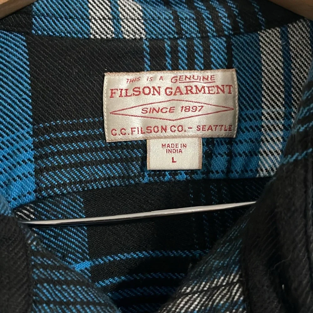 FILSON VINTAGE FLANNEL WORK SHIRT BLUE/BLACK/MULTI PLAID Large